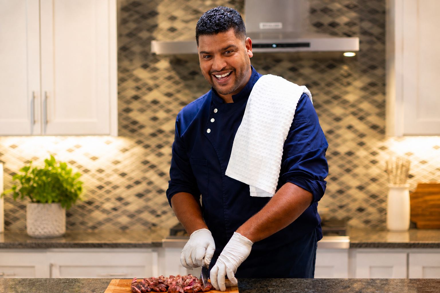 Chef Youssef Hsaini smiling in a modern kitchen, slicing steak on a cutting board