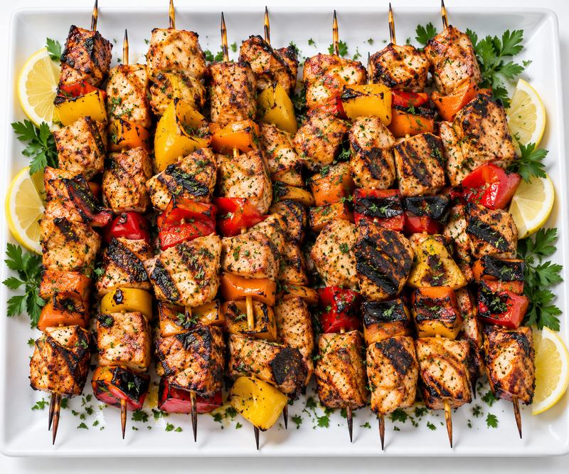 Grilled chicken kebabs with peppers, lemon and fresh herbs