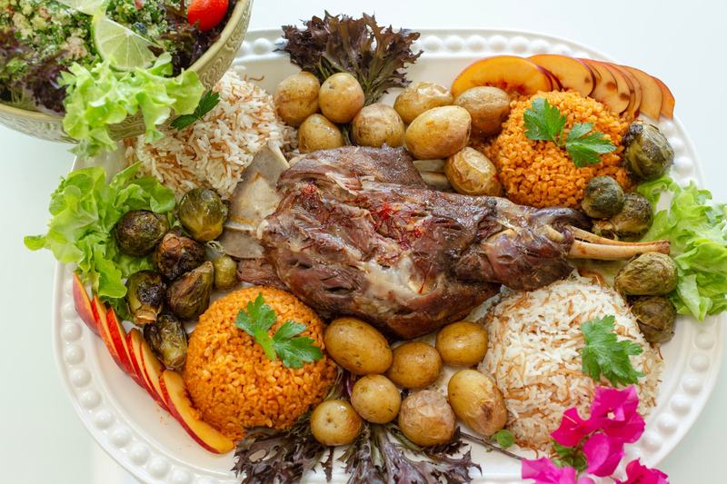 Slow-braised lamb platter with rice, lentils and roasted potatoes